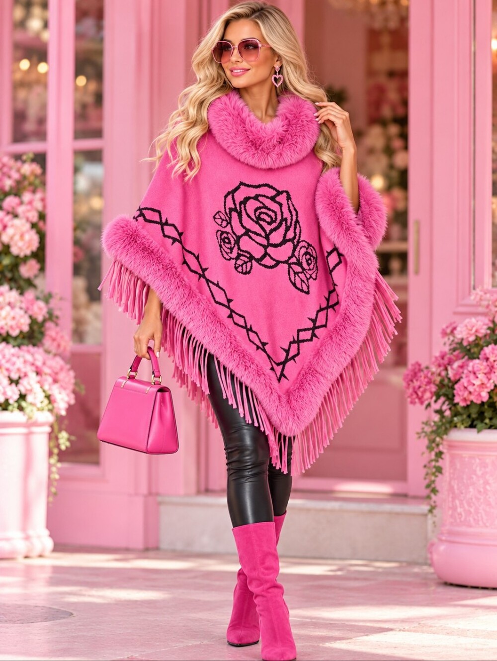 Barbiecore Pink Faux Fur Fringe Unique Sweater Poncho. Unbranded. One Size